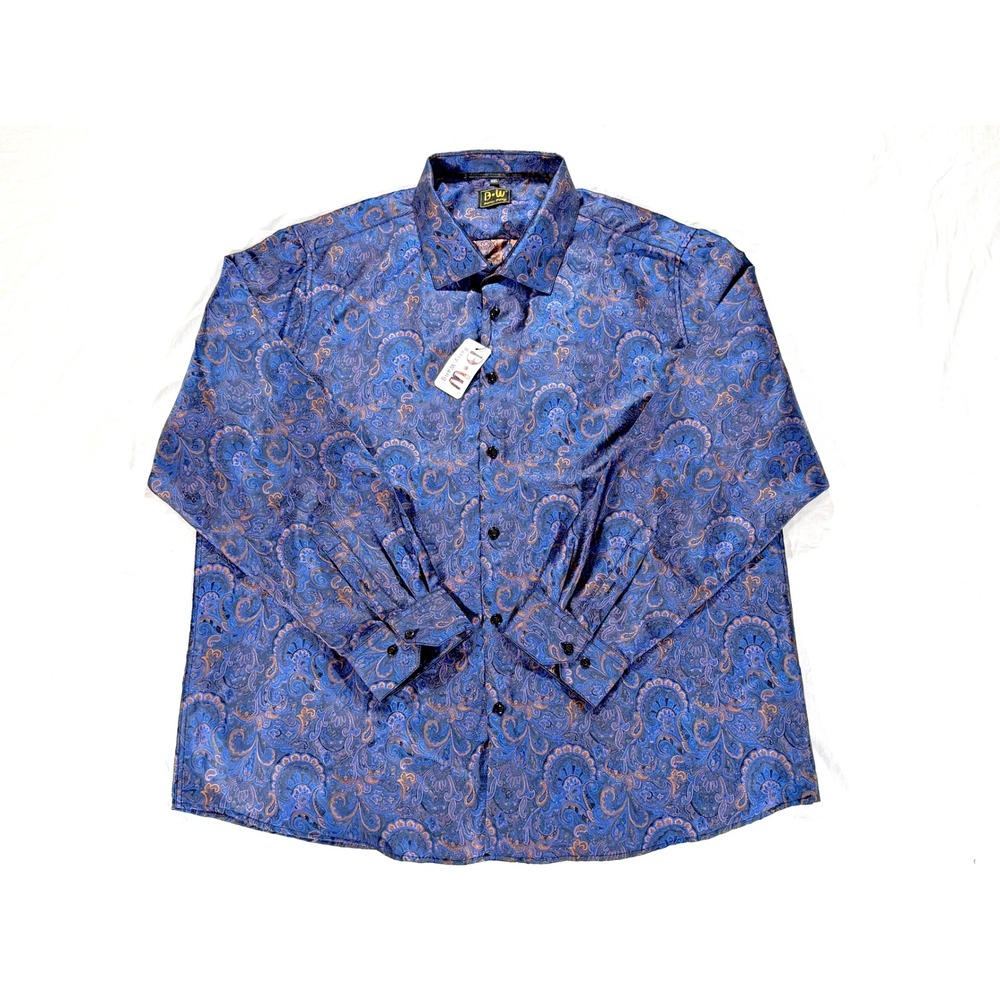 Barry Wang Mens XXL Blue Bronze Paisley Silk Blend Long Sleeve Button Down Shirt